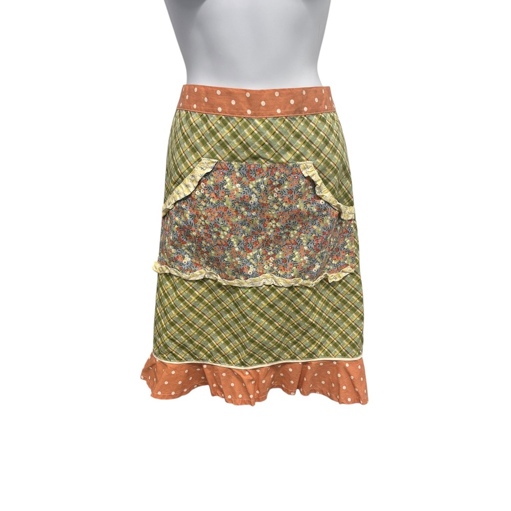 Patchwork Plaid Floral Apron Skirt Cottagecore Boho Ruffle‎ Hem Orange Polka Dot